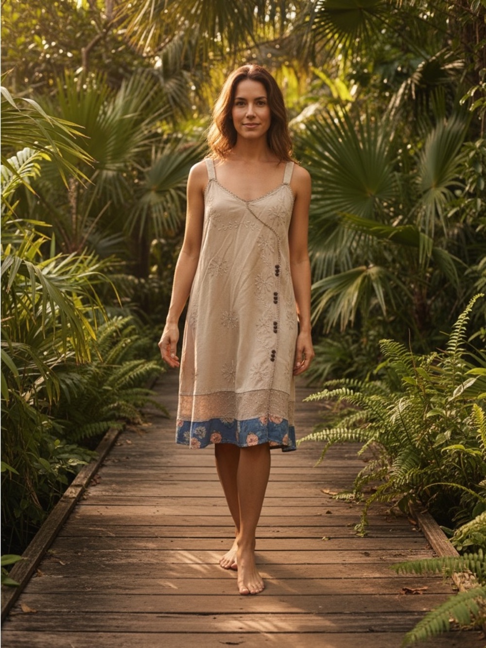 Daisy Island Sleeveless Beige Embroidered Dress with Blue Floral Hem Size Medium